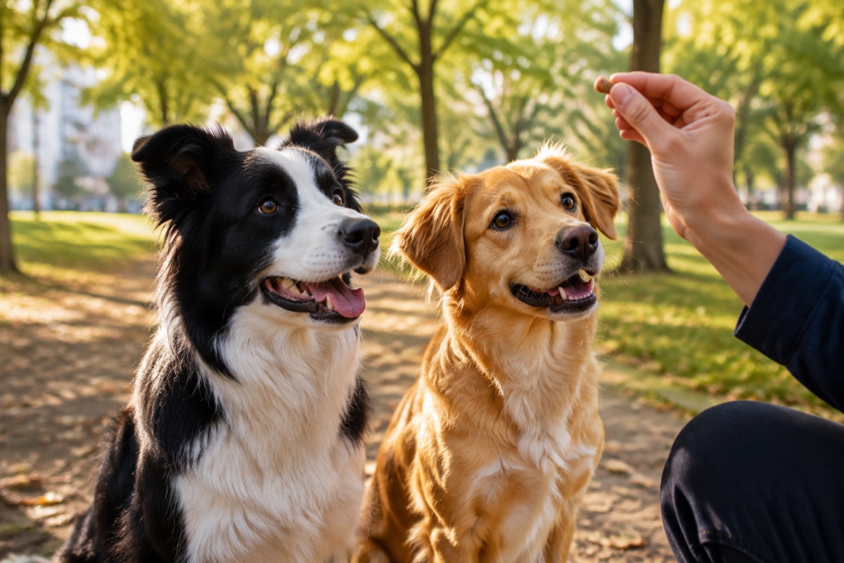 Dos perros tranquilos en un parque