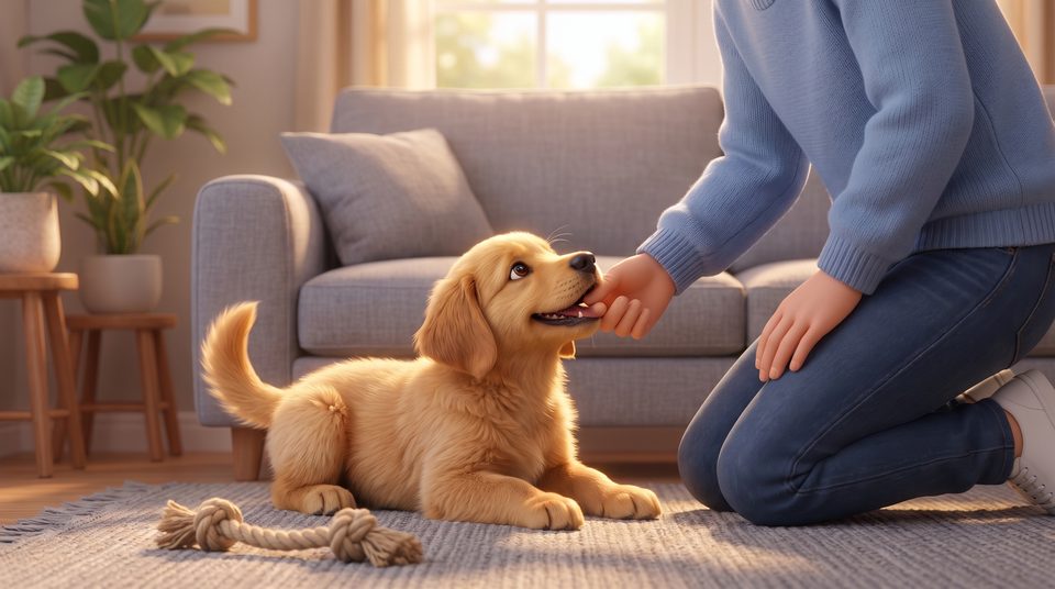 Ilustración: un cachorro dorado juega con su dueña en casa